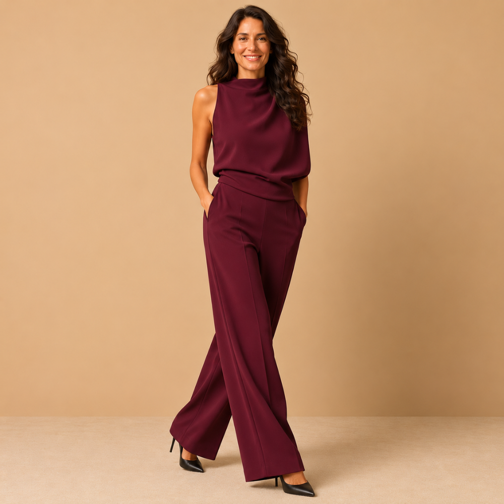 Dames jumpsuit met hoge kraag en wijde pijpen Jelle Jora Mode