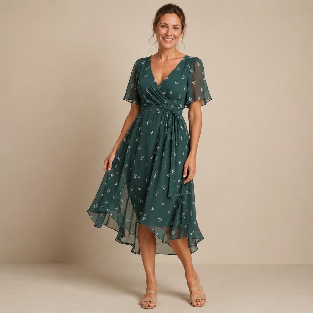 Dames midi-jurk met bloemendesign en V-hals met empire-taille Jelle Jora Mode