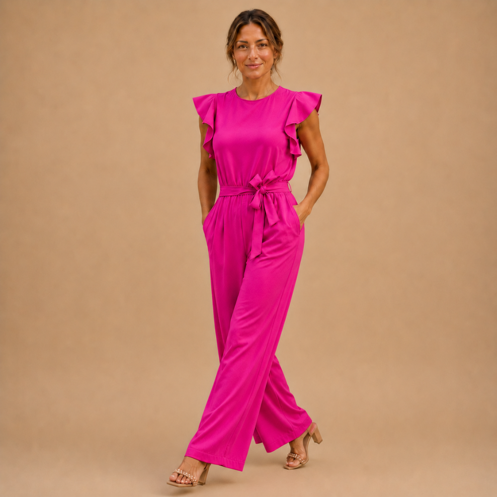 Dames jumpsuit met wijde pijpen gerimpelde mouwen en ceintuur Jelle Jora Mode
