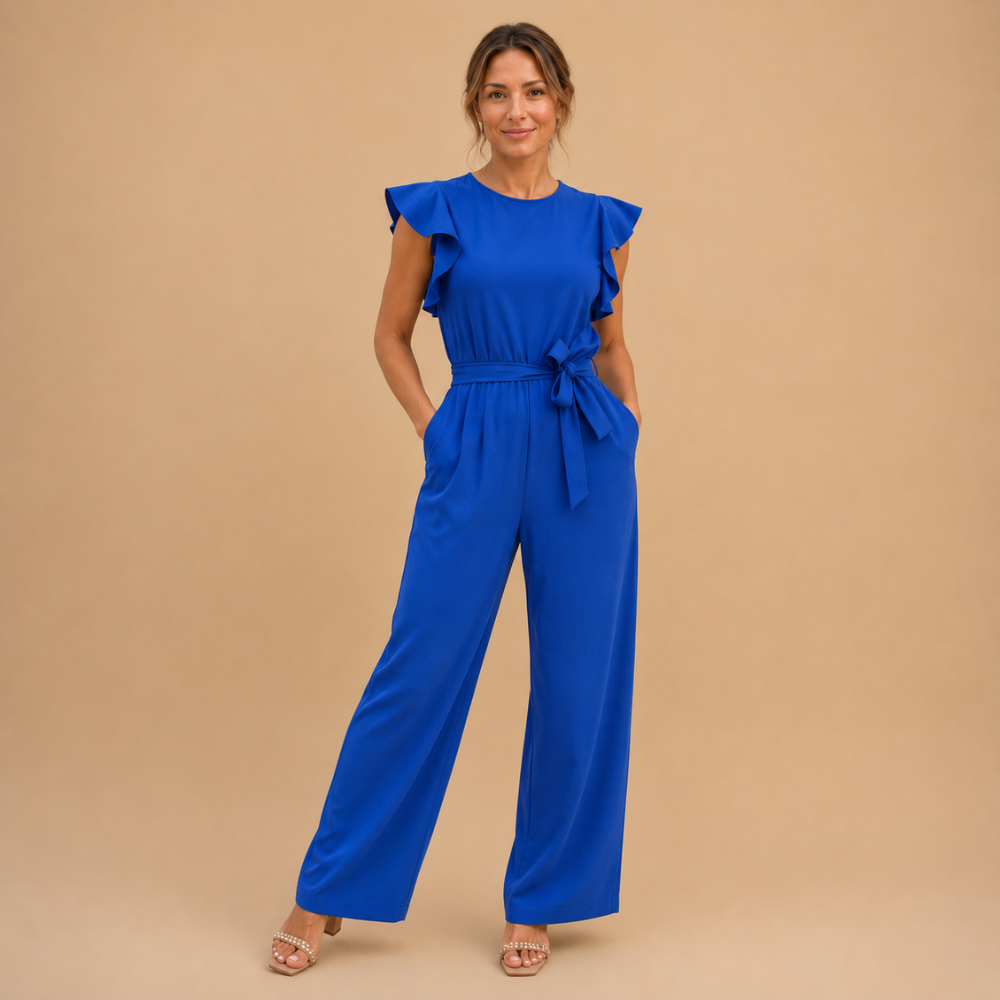 Dames jumpsuit met wijde pijpen gerimpelde mouwen en ceintuur Jelle Jora Mode