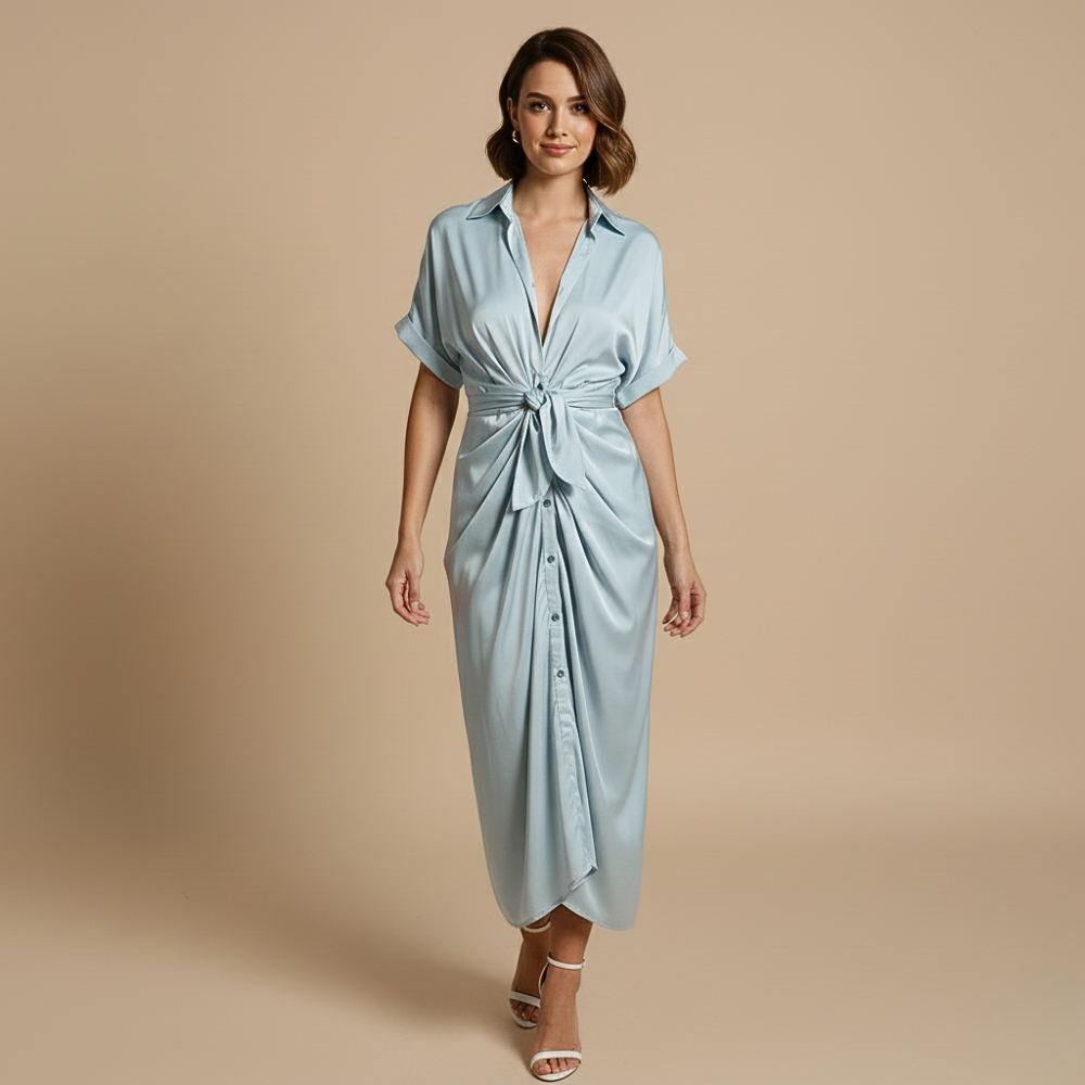 Minimalistische midi-jurk met ruches en strikbandjes voor dames Jelle Jora Mode