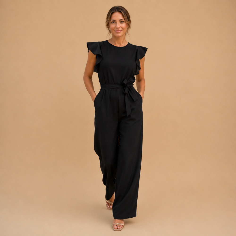 Dames jumpsuit met wijde pijpen gerimpelde mouwen en ceintuur Jelle Jora Mode