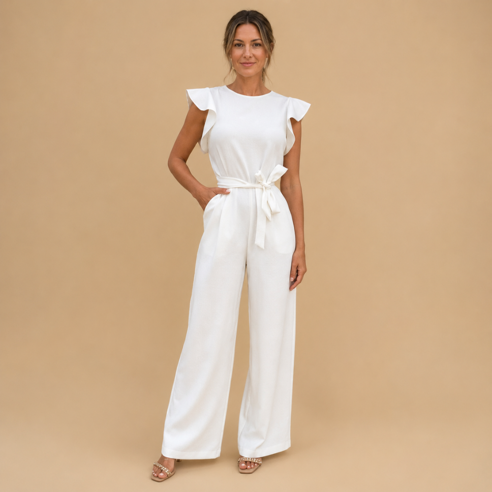 Dames jumpsuit met wijde pijpen gerimpelde mouwen en ceintuur Jelle Jora Mode