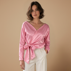 Dames elegante casual wikkelblouse met strikceintuur en lange mouwen Jelle Jora Mode