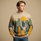 Luźny sweter vintage z nadrukiem kota