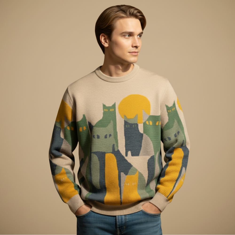 Luźny sweter vintage z nadrukiem kota