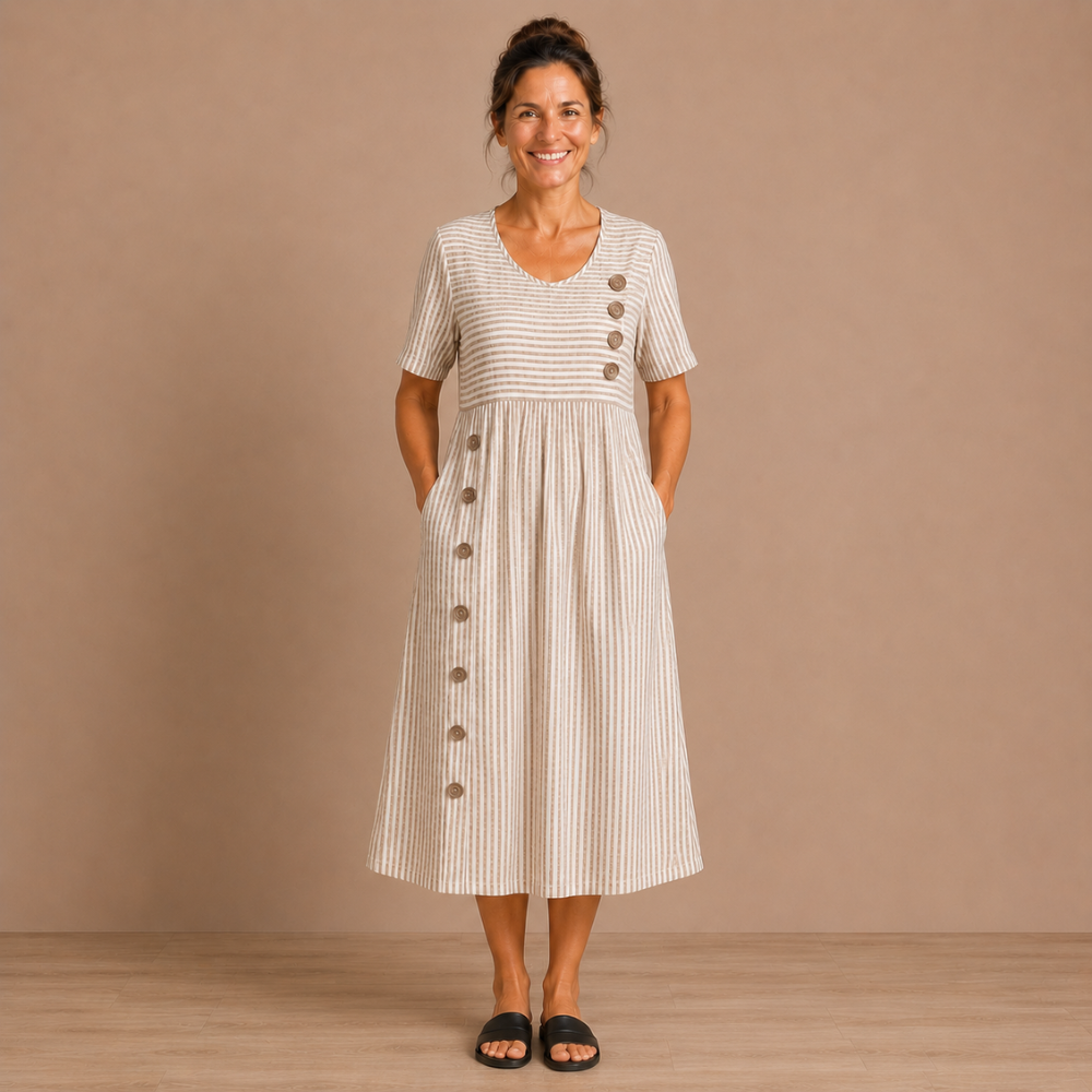 Dames gestreepte midi-jurk met zakken en knoopdetails Jelle Jora Mode
