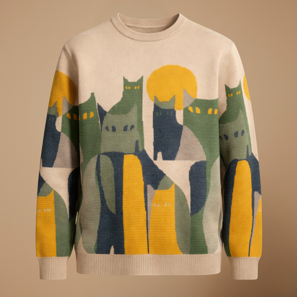 Luźny sweter vintage z nadrukiem kota