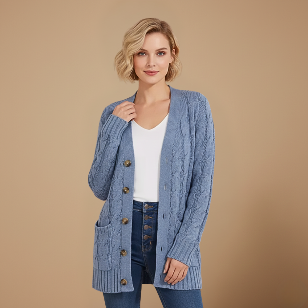 Lange gebreide effen cardigan met enkele knoopsluiting voor dames Jelle Jora Mode