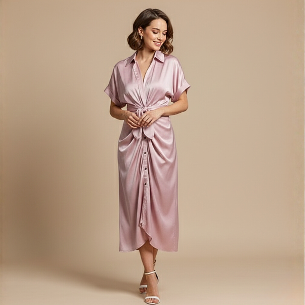 Minimalistische midi-jurk met ruches en strikbandjes voor dames Jelle Jora Mode