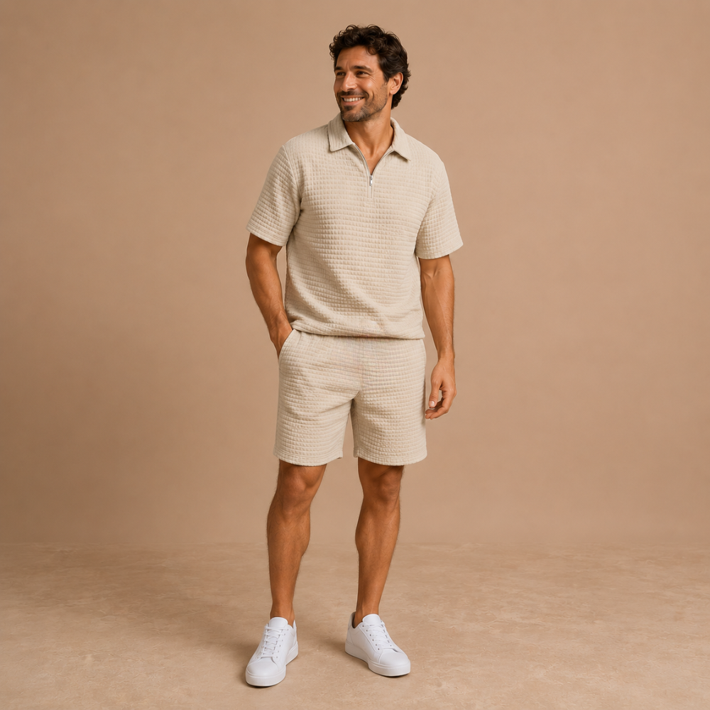 Heren casual zomerse set met gestructureerde poloshort Jelle Jora Mode