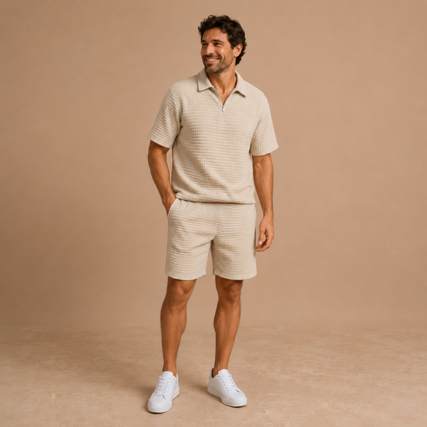 Heren casual zomerse set met gestructureerde poloshort Jelle Jora Mode