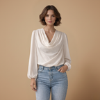 Dames casual blouse met gedrapeerde hals en pofmouwen Jelle Jora Mode