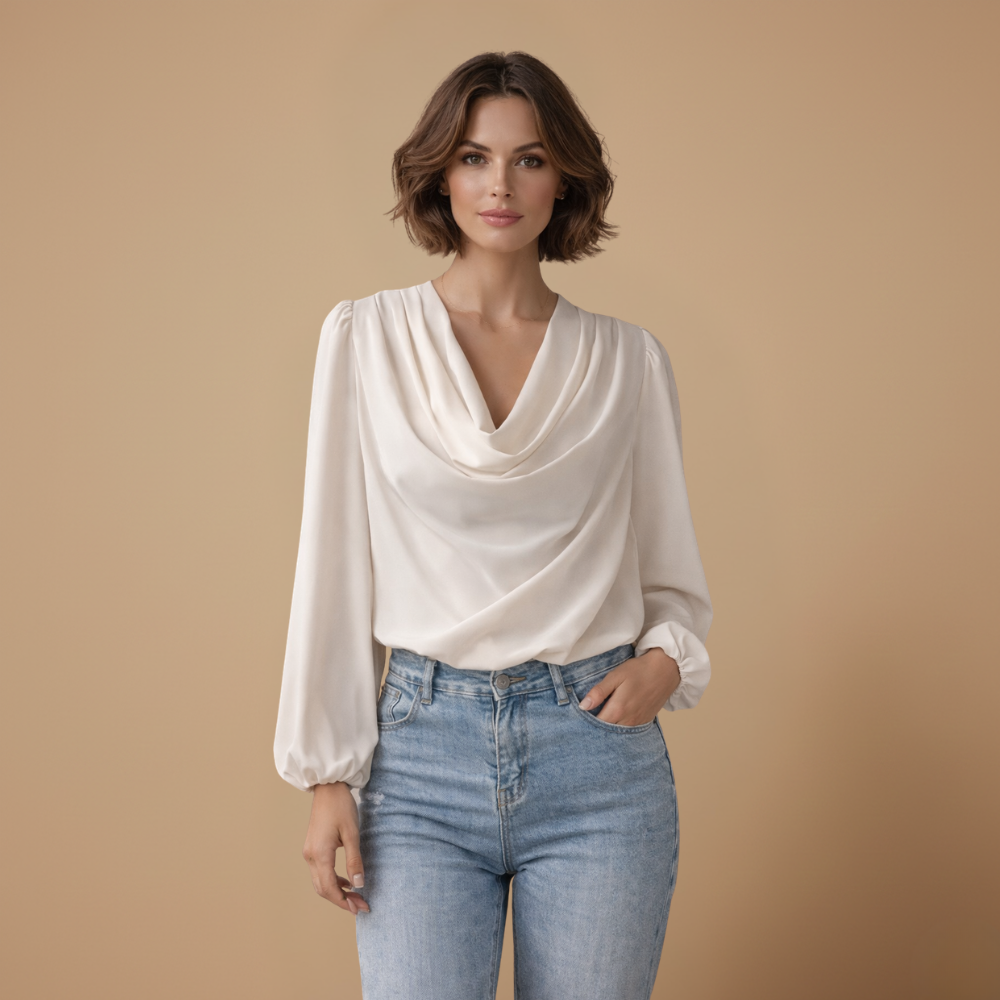 Dames casual blouse met gedrapeerde hals en pofmouwen Jelle Jora Mode