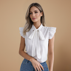 Dames elegante blouse met korte mouwen ruches en strikje Jelle Jora Mode