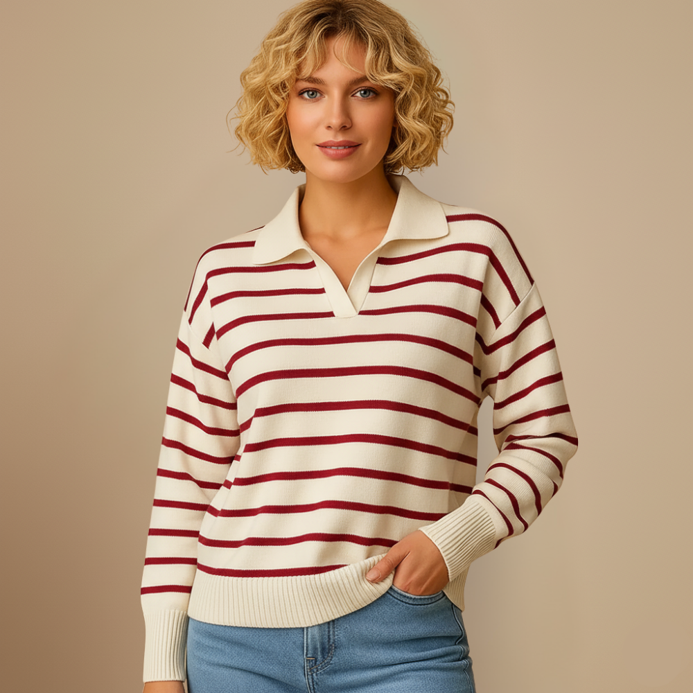 Damski sweter w paski z kołnierzykiem polo