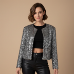 Zilveren cropped jasje met ronde hals en pailletten Jelle Jora Mode