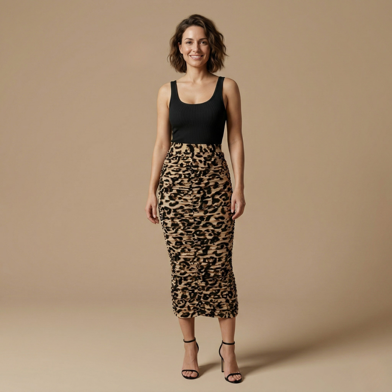 Dames stretchrok met hoge taille en luipaardprint met split Jelle Jora Mode