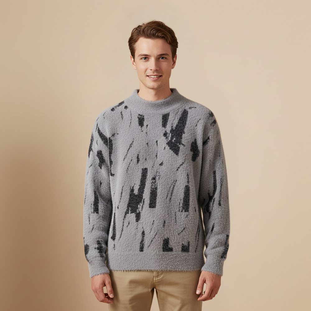 Heren gebreide trui met hoge kraag en abstract patroon Jelle Jora Mode