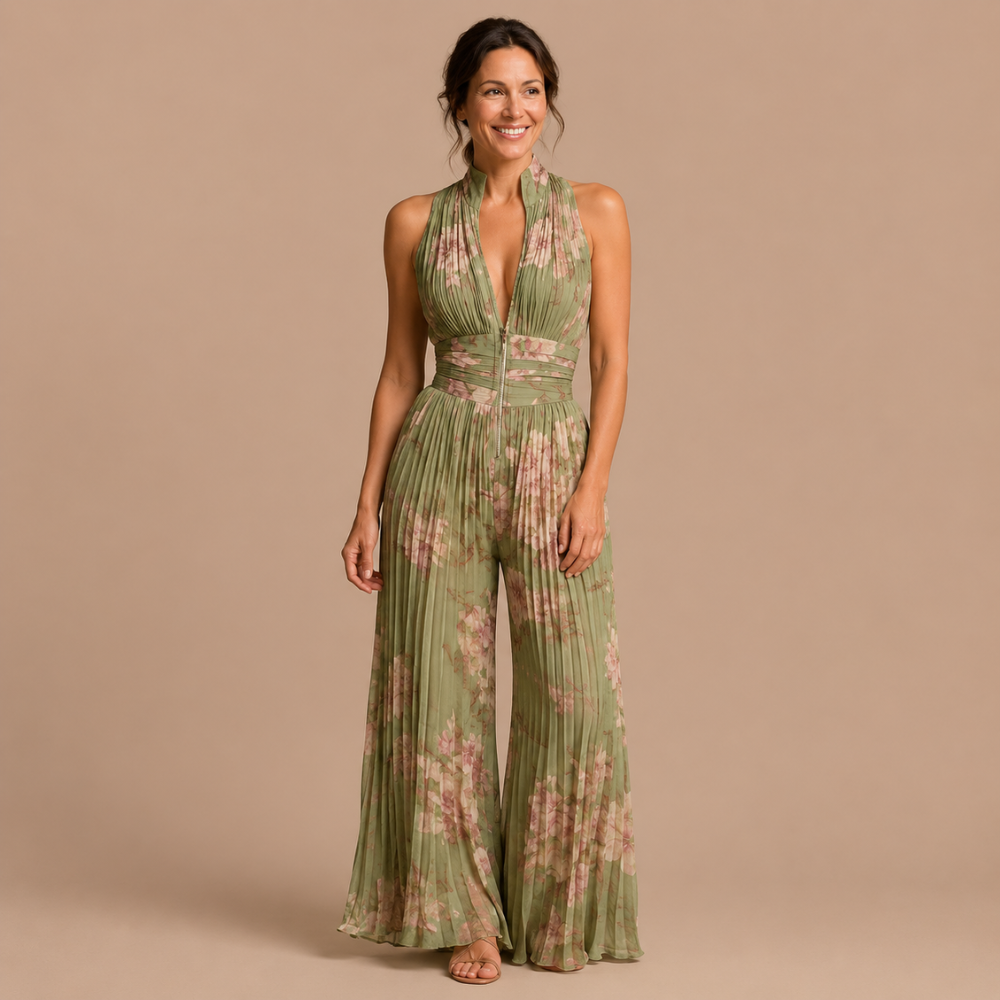 Dames jumpsuit met plooien V-hals en wijde pijpen Jelle Jora Mode