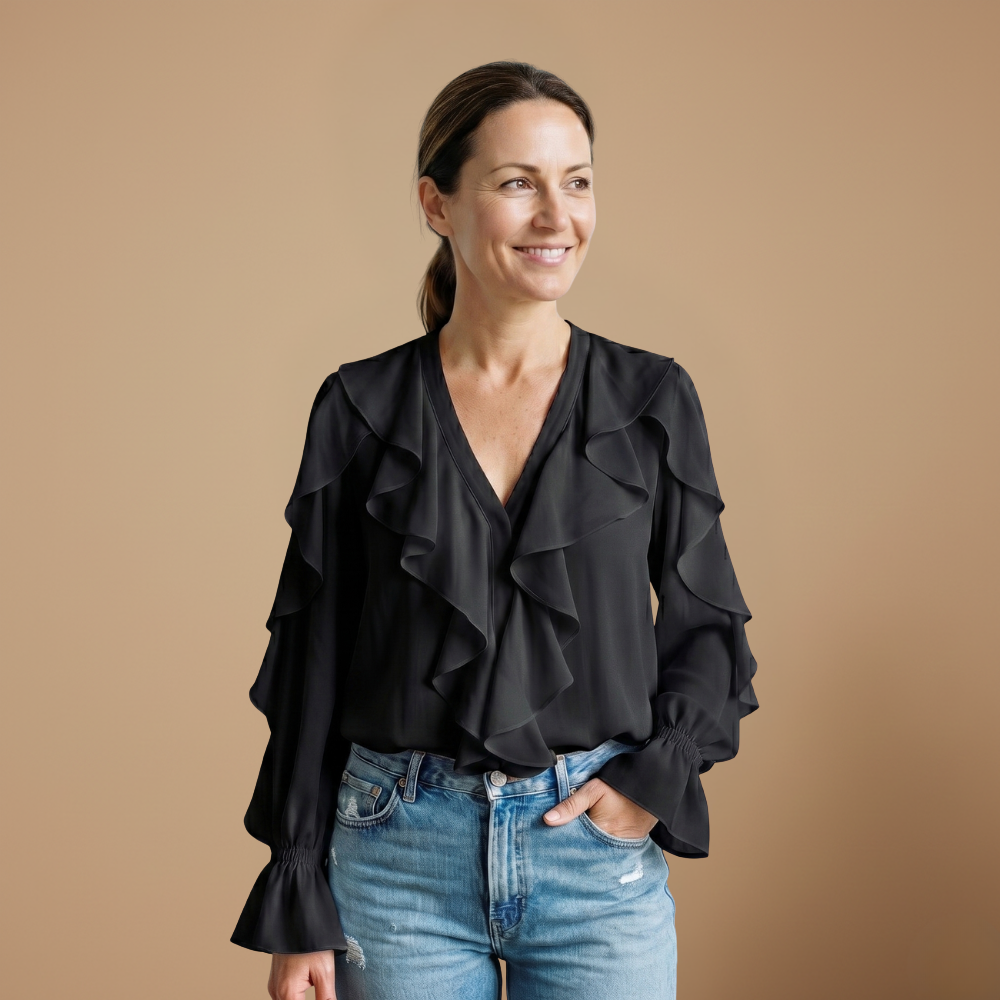 Damesblouse met ruches V-hals en lange mouwen Jelle Jora Mode