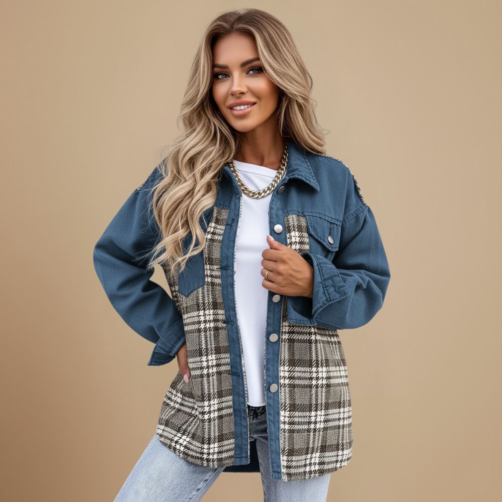 Denim jasje met patchwork ruitjesmotief en knoopsluiting Jelle Jora Mode
