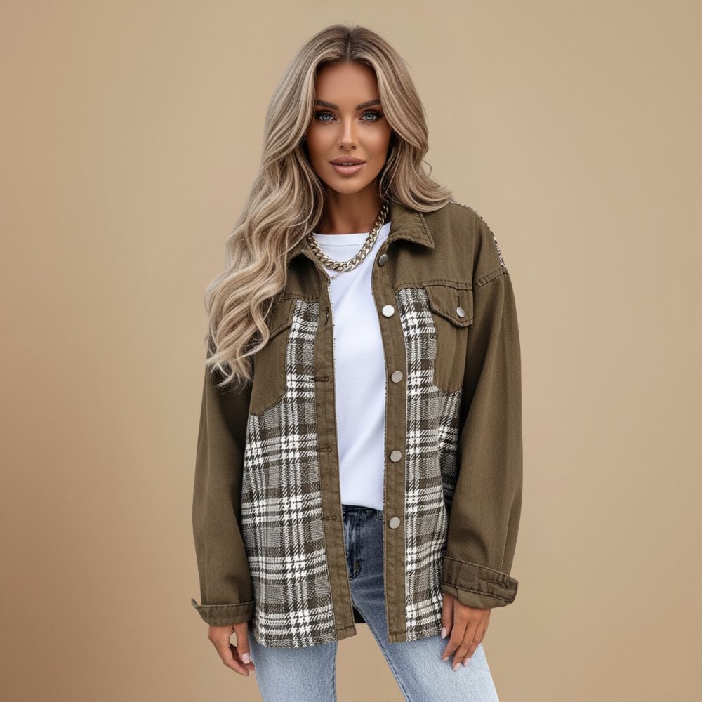 Denim jasje met patchwork ruitjesmotief en knoopsluiting Jelle Jora Mode