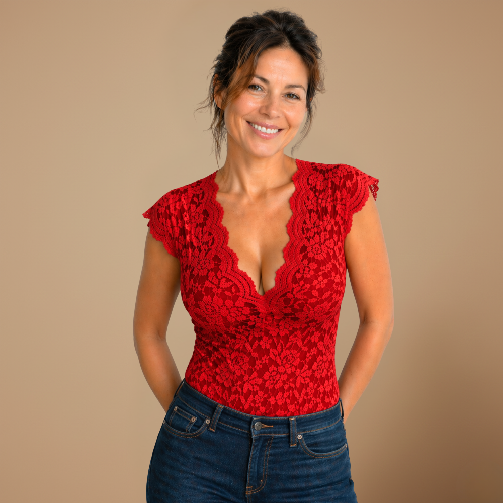Damesblouse met kanten V-hals en korte mouwen Jelle Jora Mode