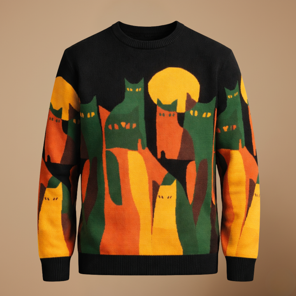 Luźny sweter vintage z nadrukiem kota