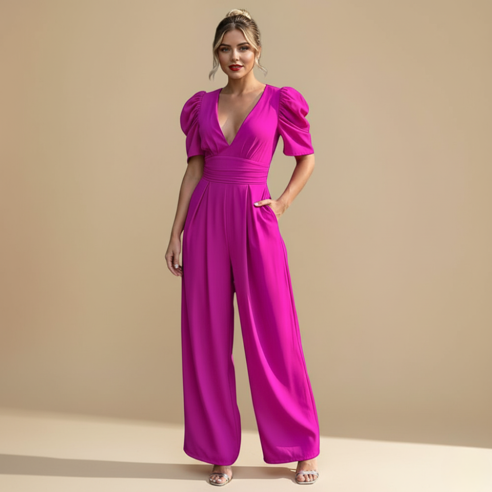 Jumpsuit met pofmouwen V-hals en wijde pijpen Jelle Jora Mode