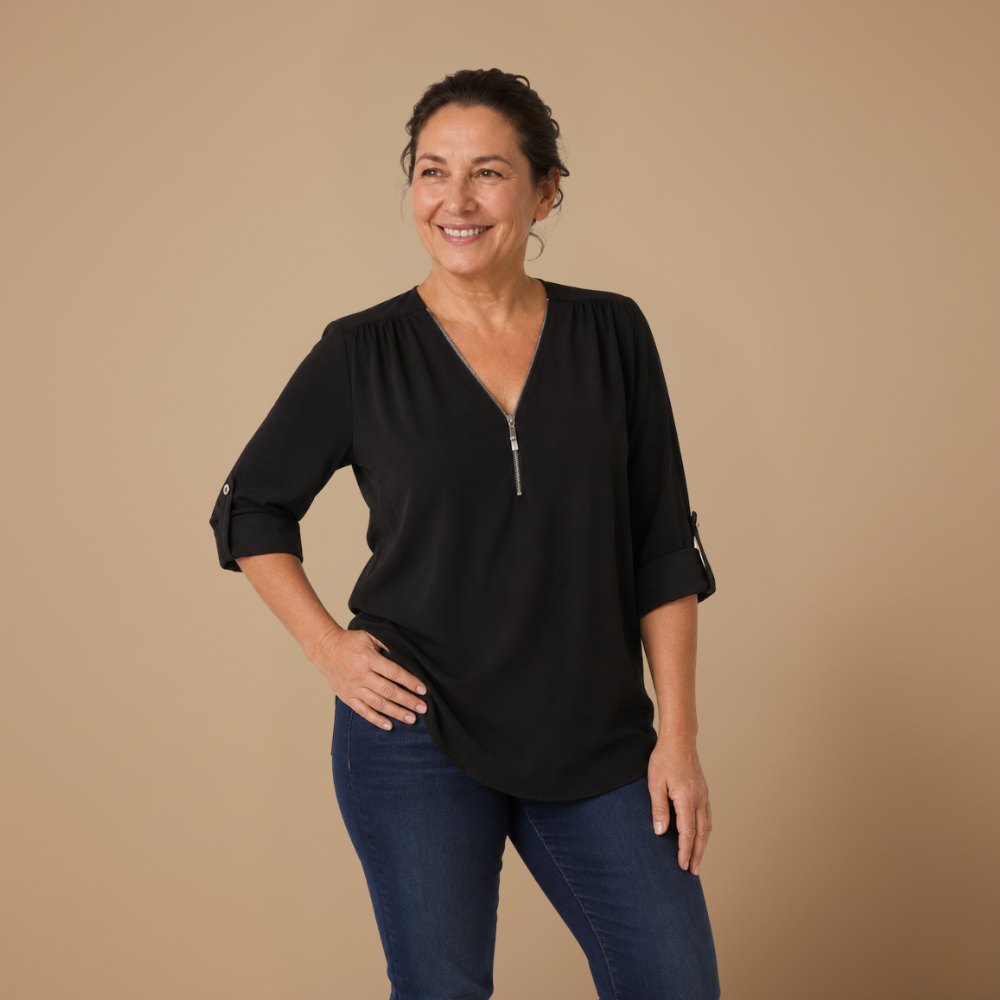 Dames blouse met V-hals en ritssluiting Jelle Jora Mode