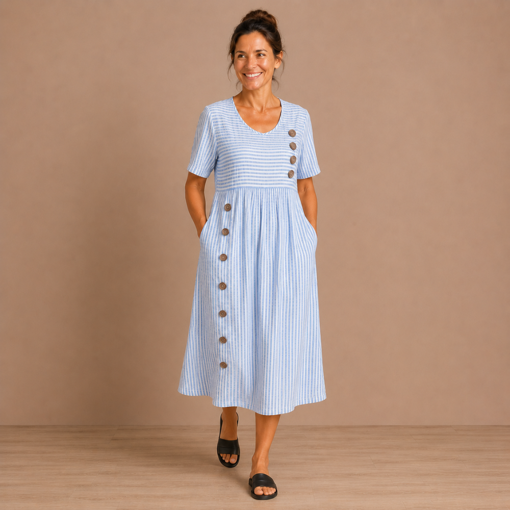 Dames gestreepte midi-jurk met zakken en knoopdetails Jelle Jora Mode