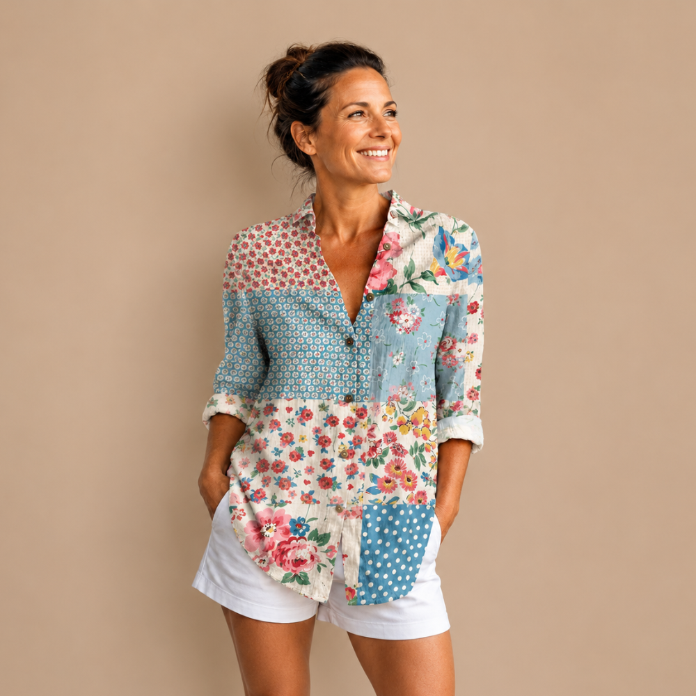 Dames casual blouse met lange mouwen patroon en knoopsluiting Jelle Jora Mode