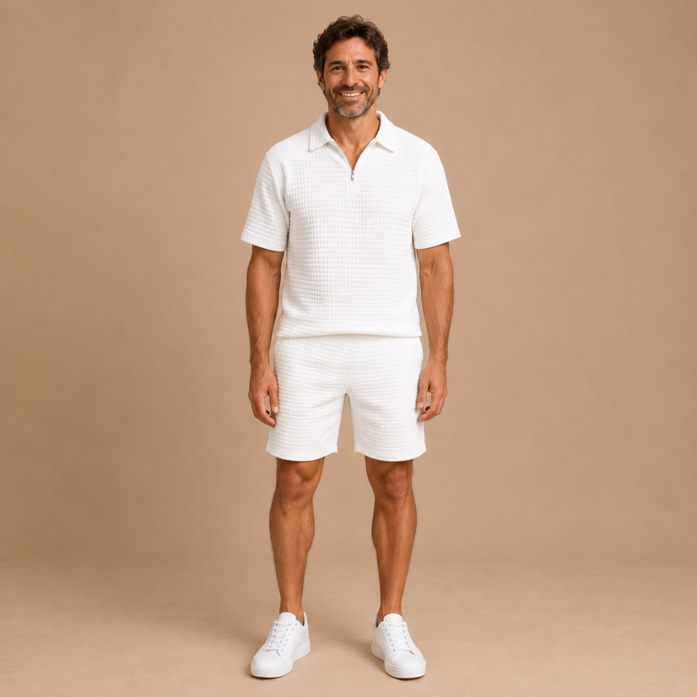 Heren casual zomerse set met gestructureerde poloshort Jelle Jora Mode
