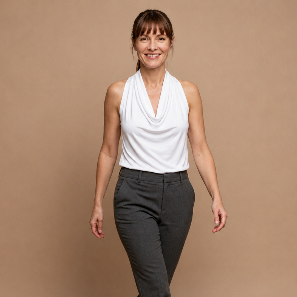 Dames-tanktop met gedrapeerde halternek open rug en zonder mouwen Jelle Jora Mode