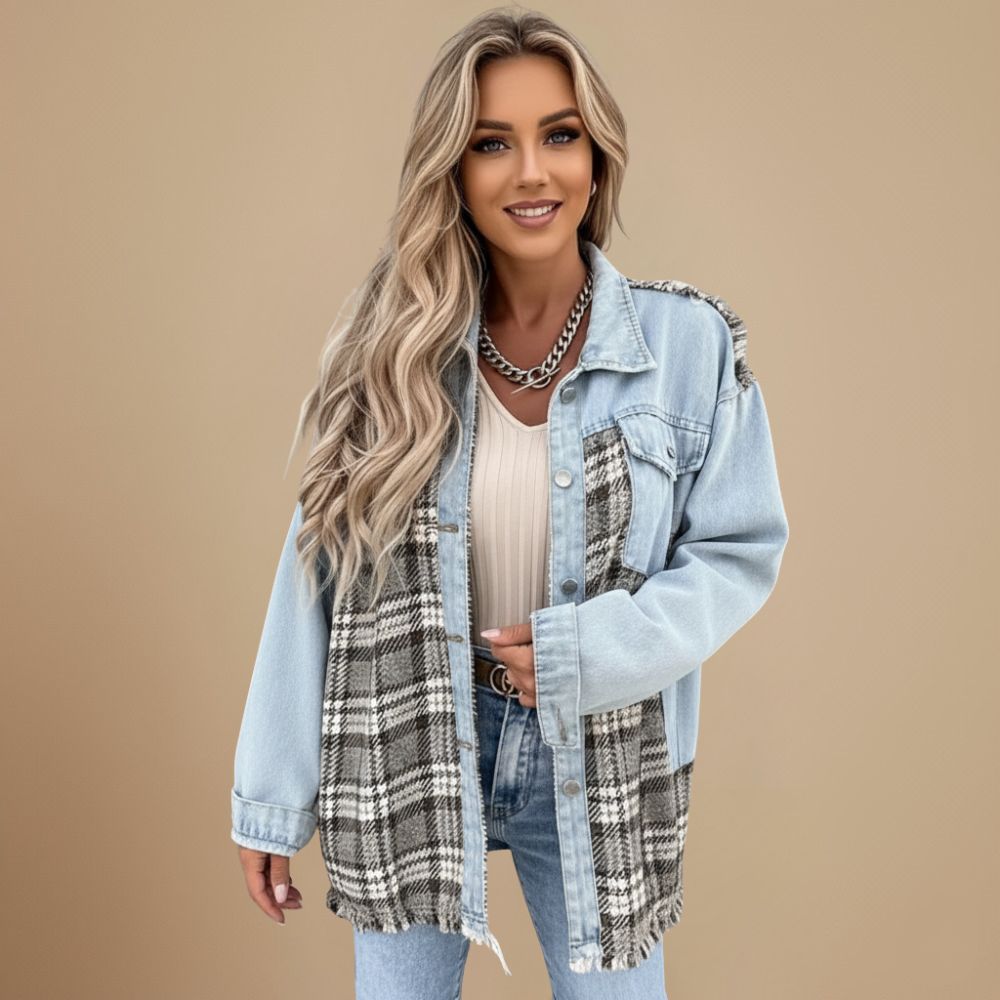 Denim jasje met patchwork ruitjesmotief en knoopsluiting Jelle Jora Mode