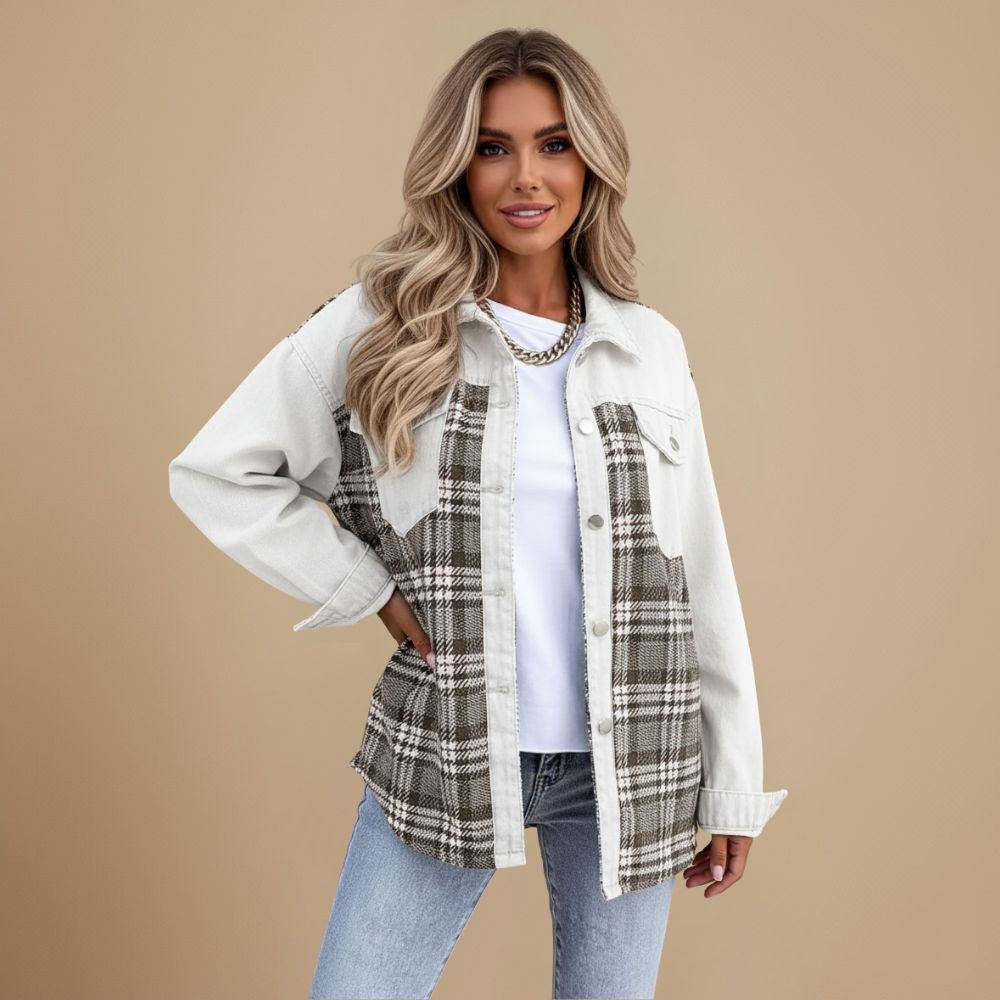 Denim jasje met patchwork ruitjesmotief en knoopsluiting Jelle Jora Mode