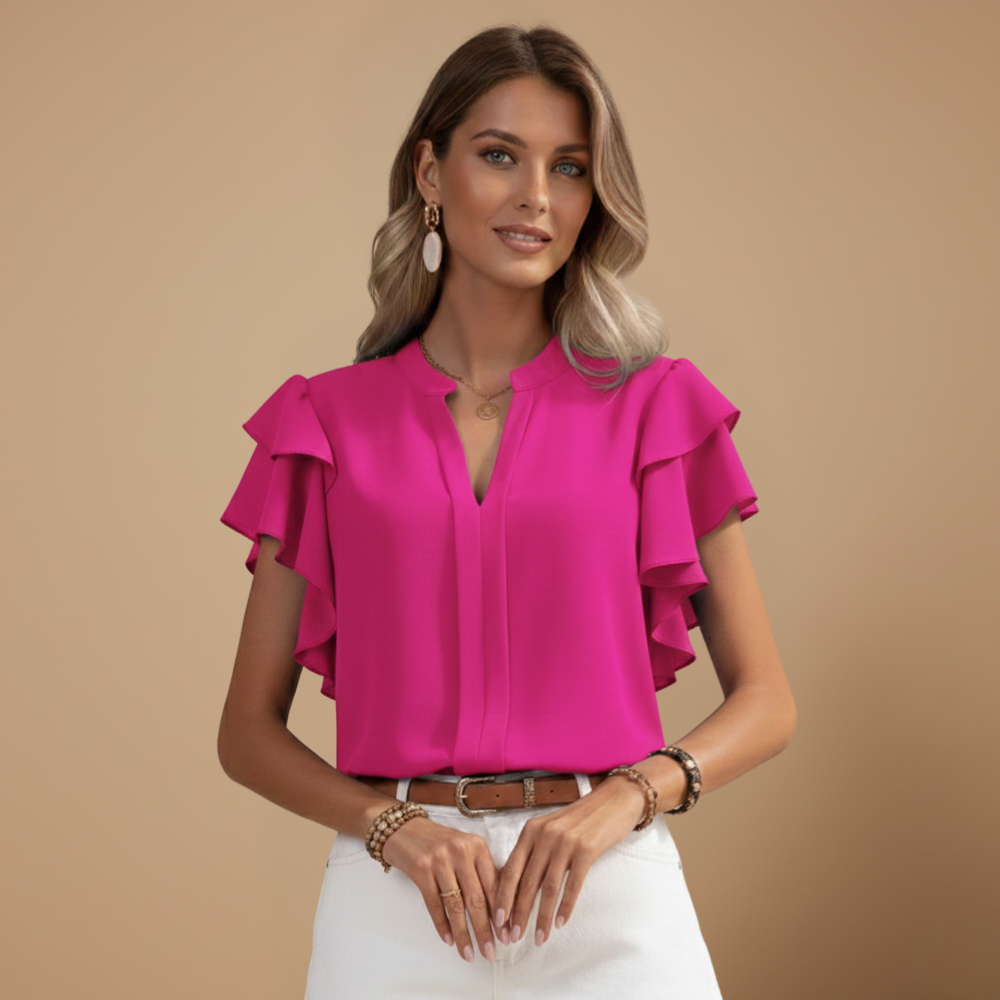 Damska bluzka z falbanami i dekoltem w serek – Stylowy letni casualowy top