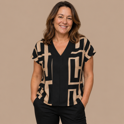 Dames casual blouse met geometrisch patroon en V-hals Jelle Jora Mode