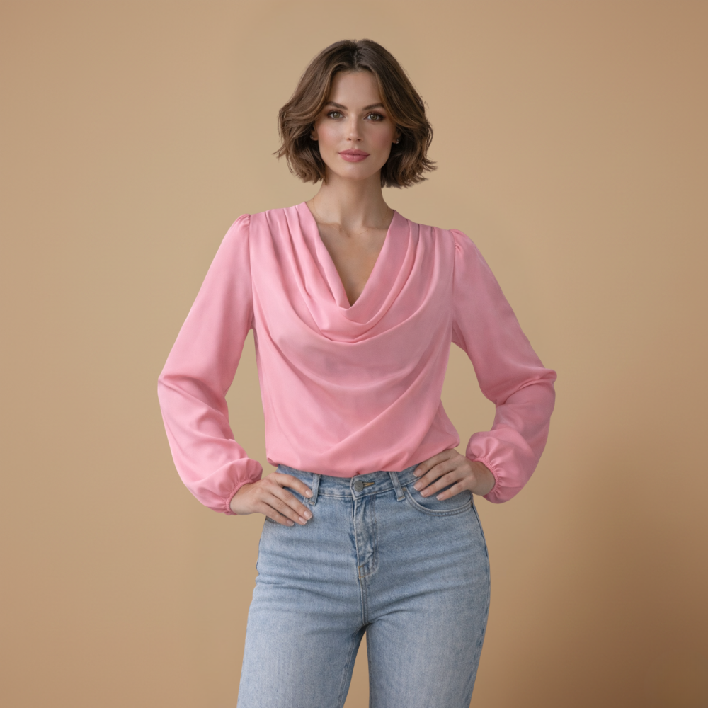Dames casual blouse met gedrapeerde hals en pofmouwen Jelle Jora Mode