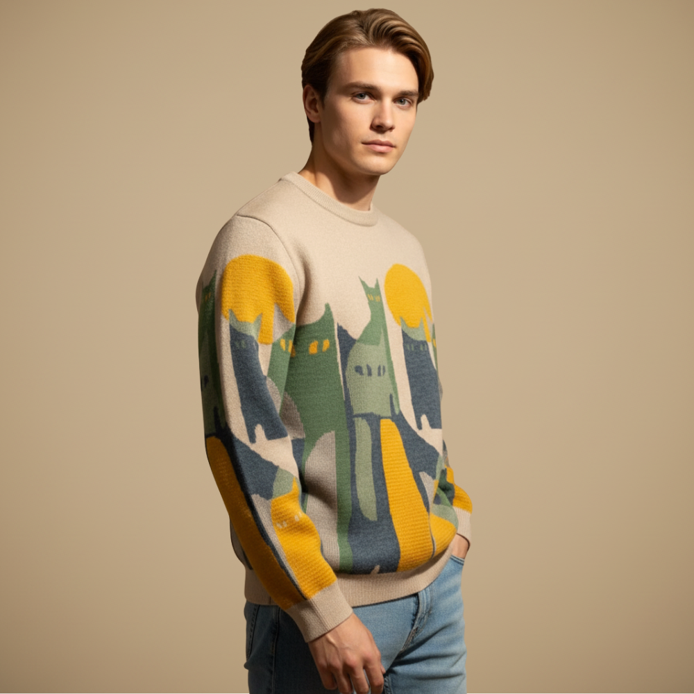 Luźny sweter vintage z nadrukiem kota