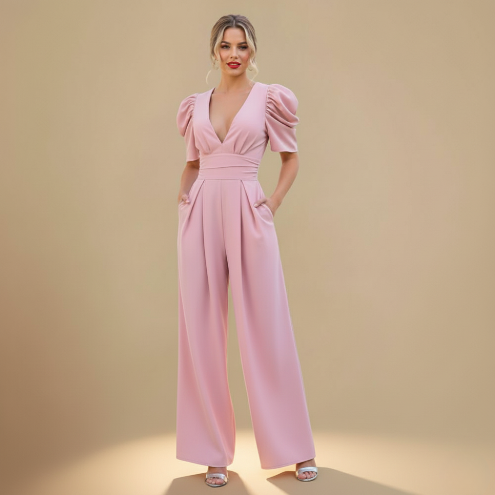 Jumpsuit met pofmouwen V-hals en wijde pijpen Jelle Jora Mode