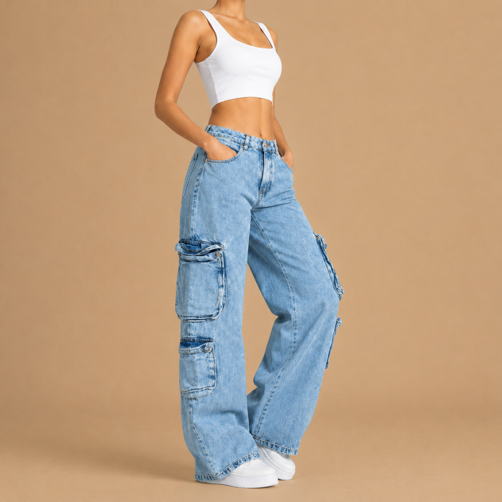 Damskie spodnie cargo baggy z szerokimi nogawkami