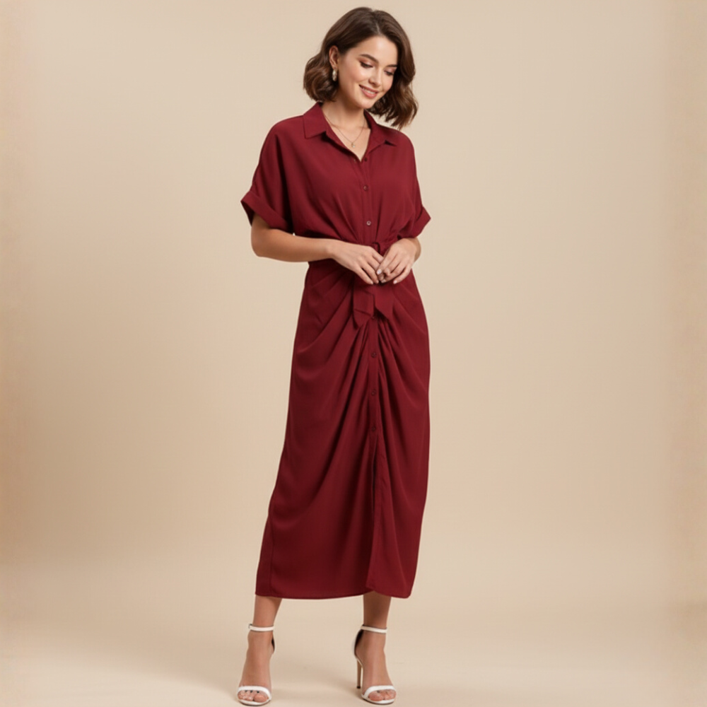 Minimalistische midi-jurk met ruches en strikbandjes voor dames Jelle Jora Mode