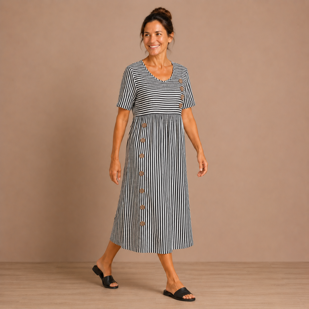 Dames gestreepte midi-jurk met zakken en knoopdetails Jelle Jora Mode