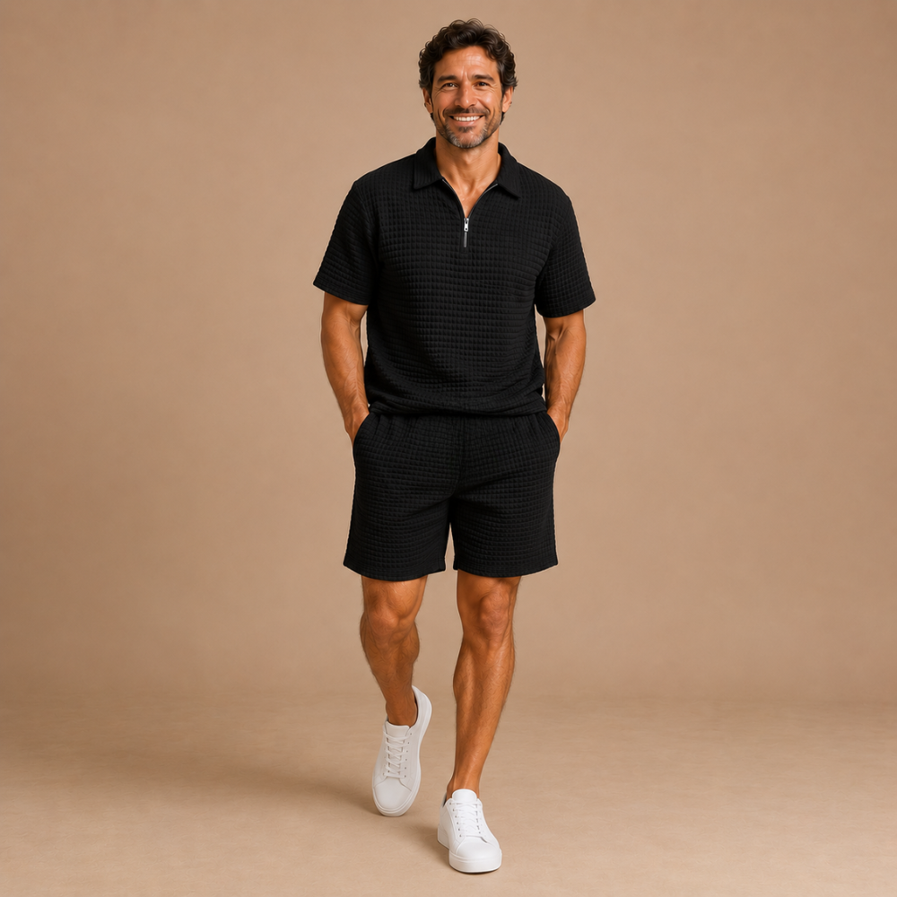 Heren casual zomerse set met gestructureerde poloshort Jelle Jora Mode