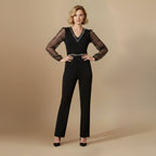 Dames elegante jumpsuit met V hals en mesh mouwen Jelle Jora Mode