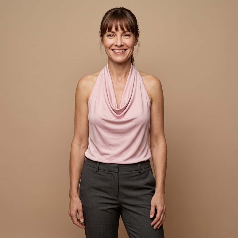 Dames-tanktop met gedrapeerde halternek open rug en zonder mouwen Jelle Jora Mode