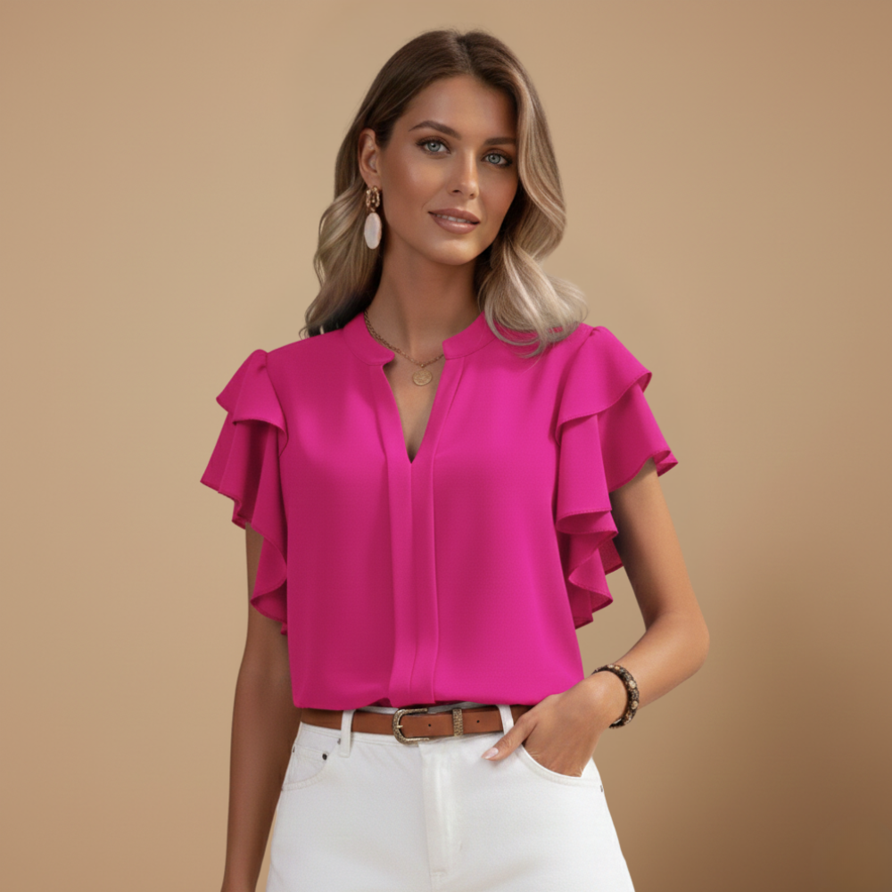 Damesblouse met ruches en V-hals – Stijlvolle zomerse casual top Jelle Jora Mode