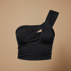 Damski crop top z jednym ramieniem, wycięciami i taliowanym fasonem